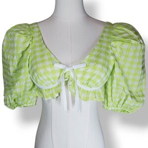 For Love & Lemons Gingham Puff Sleeve Crop Top Women XXS Festival Milkmaid Fairy